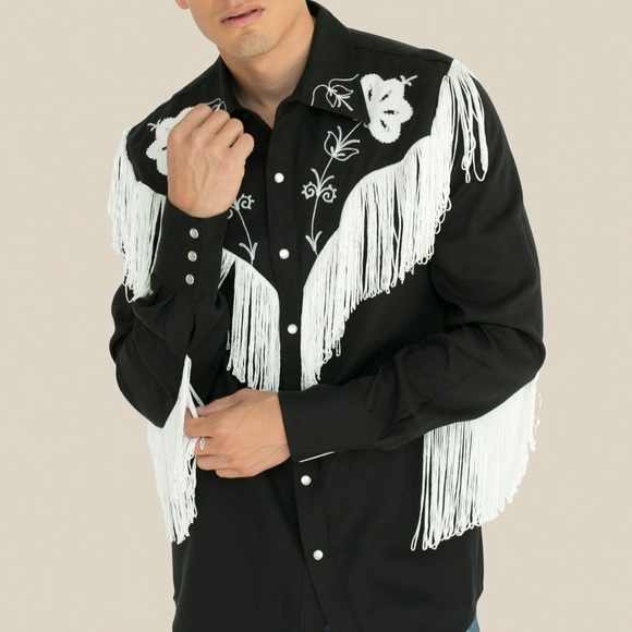 Black and White Fringe “Ken” Casual Button Down Shirt - Picture 7 of 8